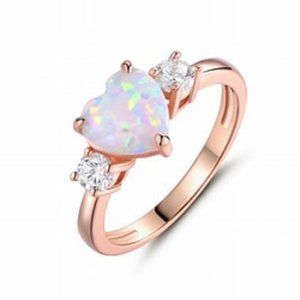 Pink Simulated Opal Cubic Zirconia Heart Ring Rose-Gold Plated Sterling Silver